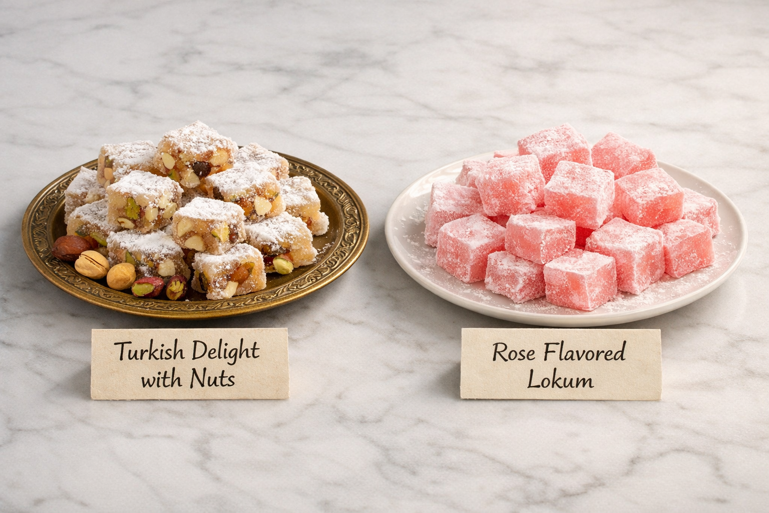 Kuru yemişli ve sade lokum çeşitlerinin ayrı sunumu