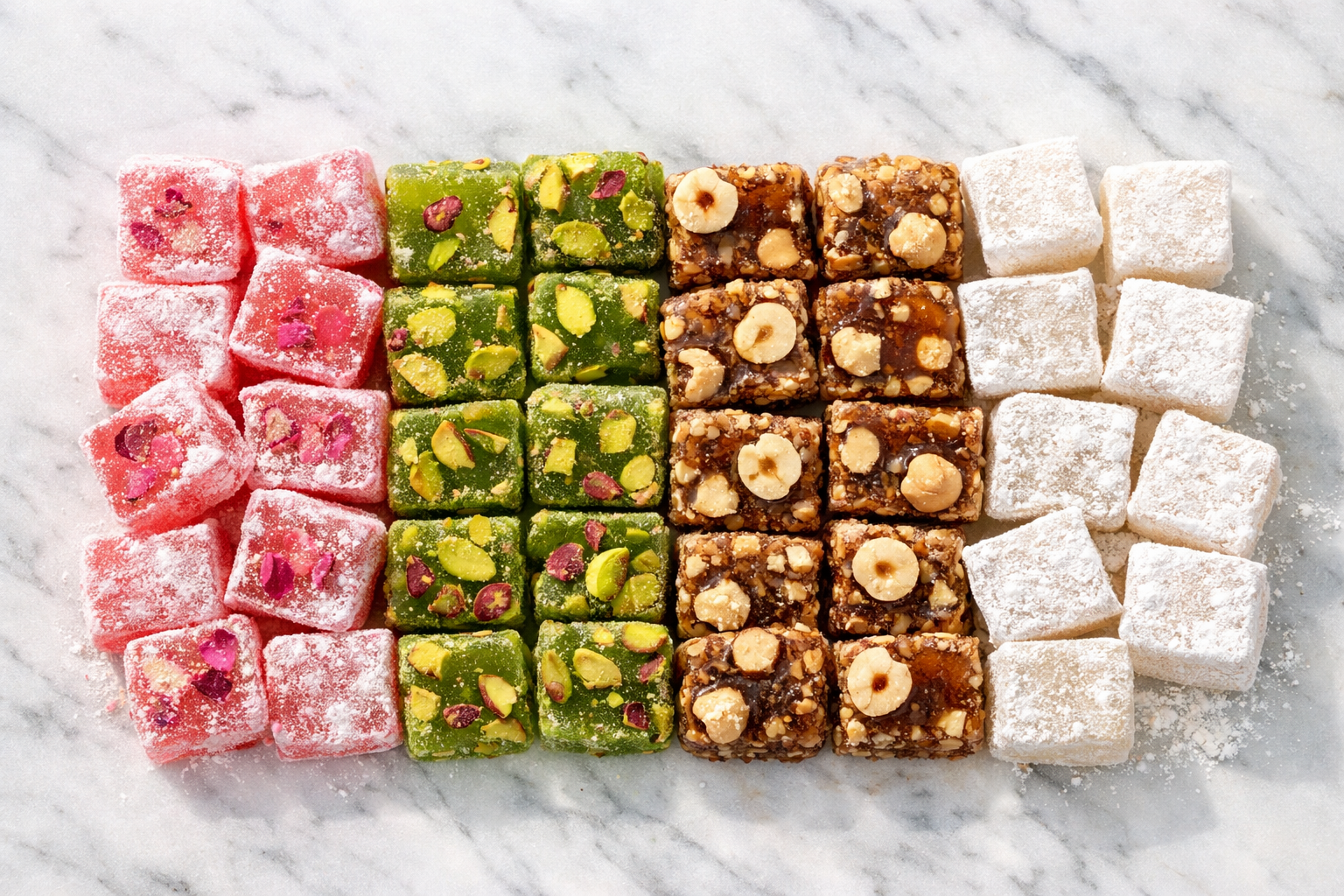 Karışık lokum çeşitleri yan yana